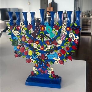 Menorah - Hand-Painted Pomegranates + Birds Menorah by Yair Emanuel